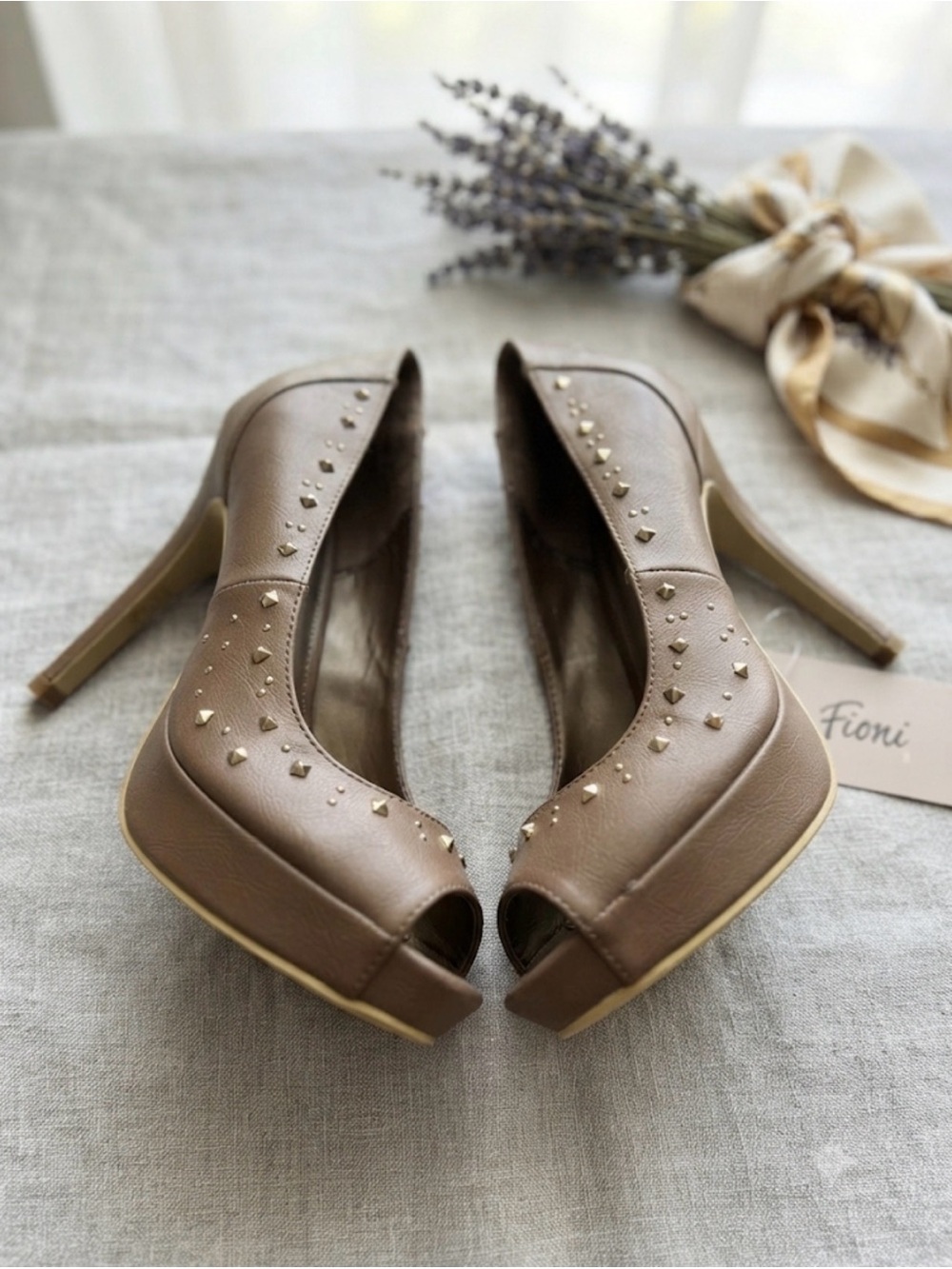 FIONI Clothing Taupe Studded Peep-Toe Platform Heels